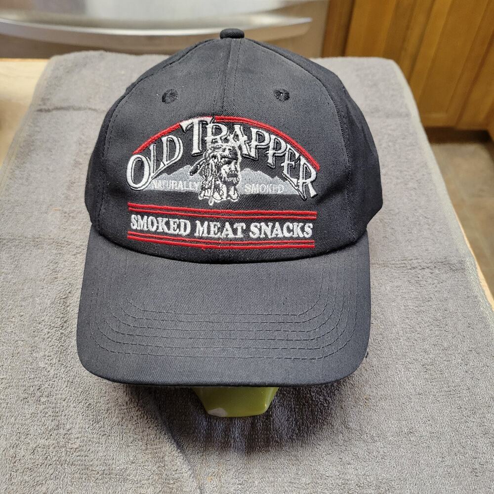 Old Trapper Smoked Meat Snacks trucker hat embroidered black cloth vintage